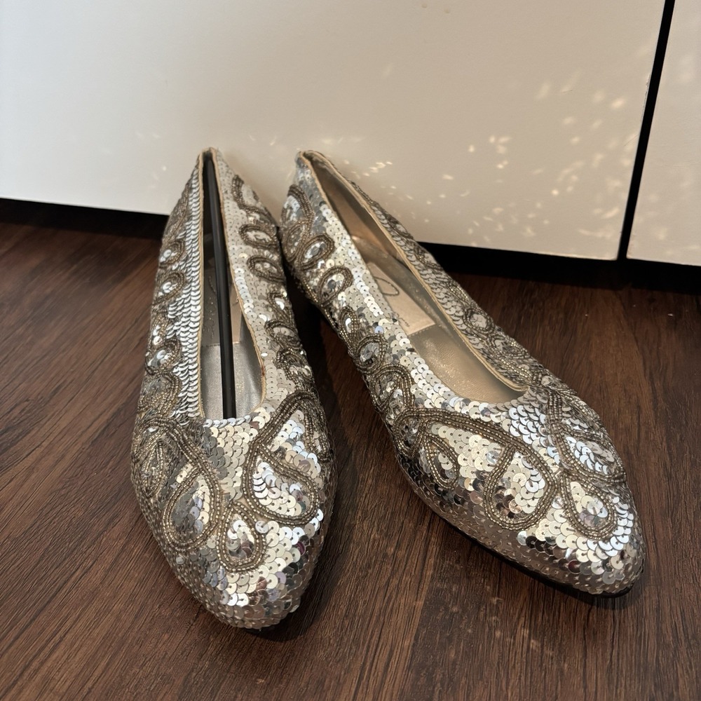 Dolce by Pierre Sz 9.5 Womens Flata Silver Sequin Party Glitter Clubwear‎
